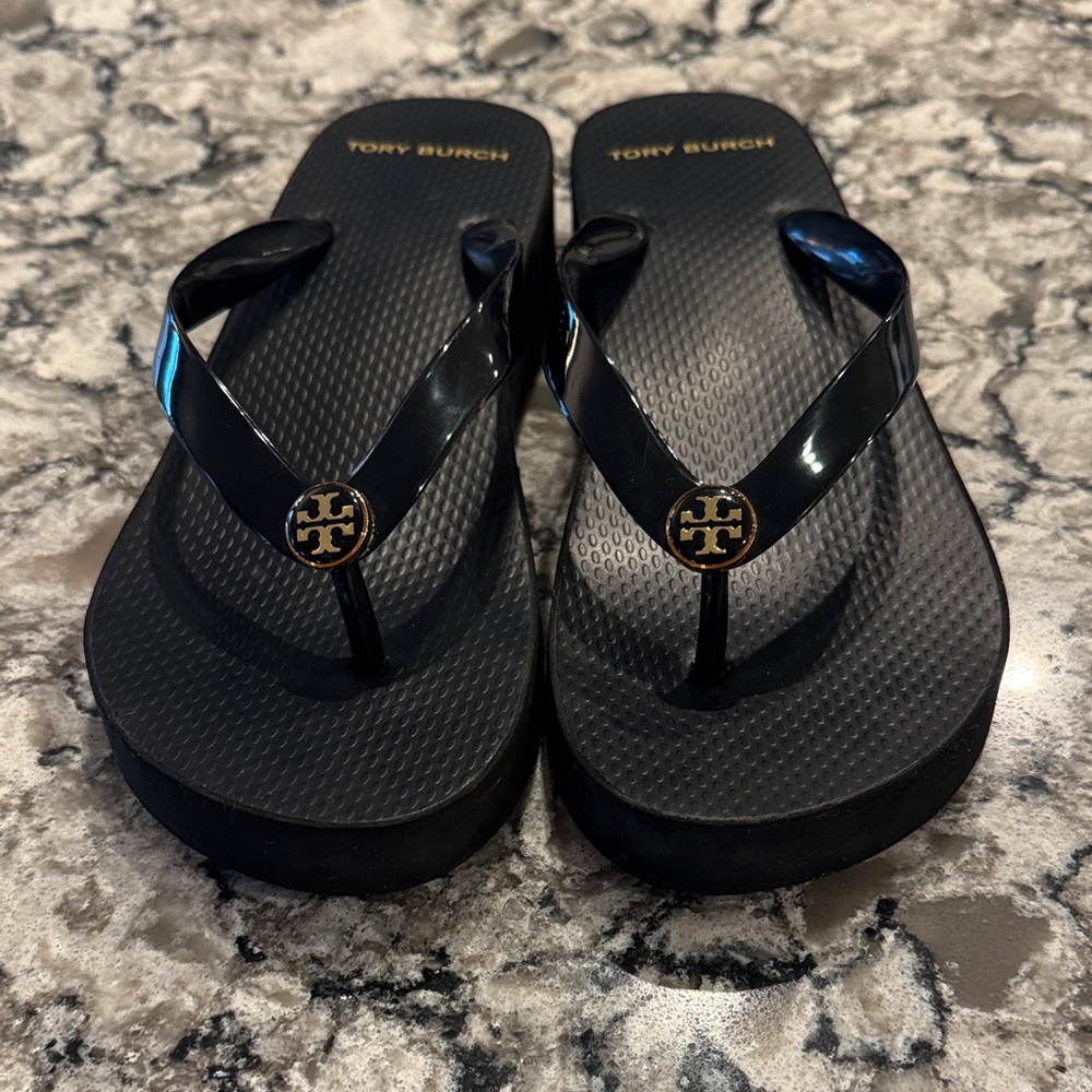 Tory Burch Black Flip Flop Sandals with Gold Logo